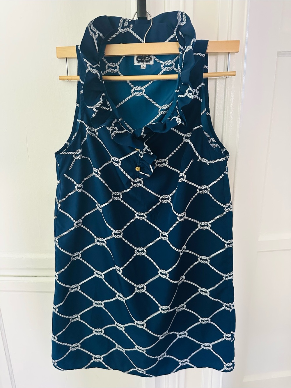 Mud Pie Navy Rope-Print Ruffle Neck Mini Dress Size L